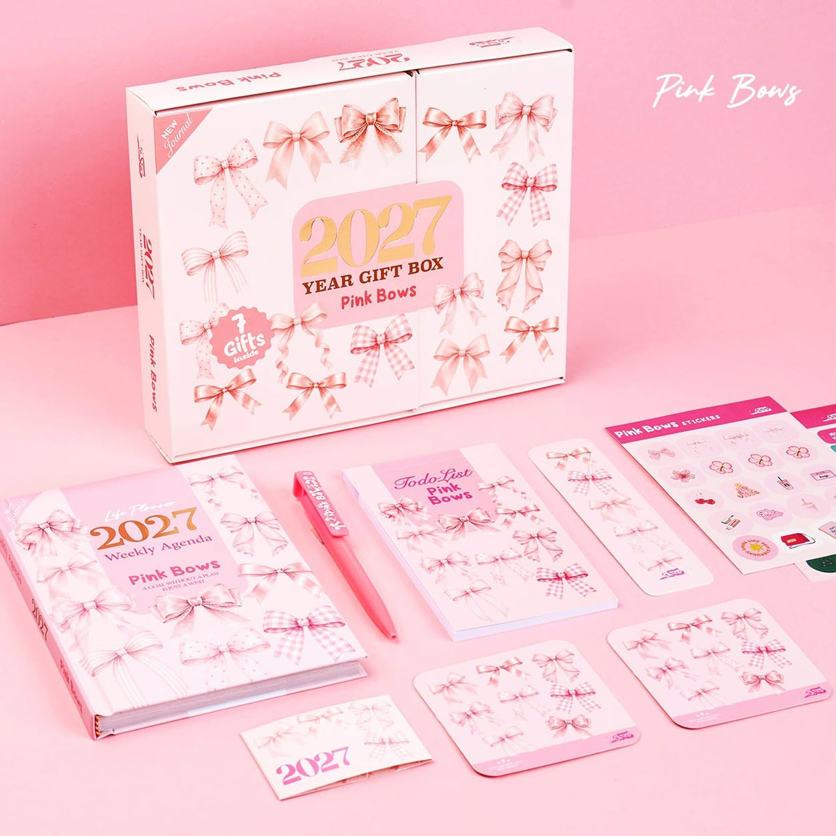 Mofakera Pink Bows Weekly Box 2027 – A5 Weekly Planner & 7-Piece Stationery Gift Set - Pink - ( Agenda )