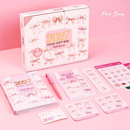 Mofakera Pink Bows Weekly Box 2027 – A5 Weekly Planner & 7-Piece Stationery Gift Set - Pink - ( Agenda )