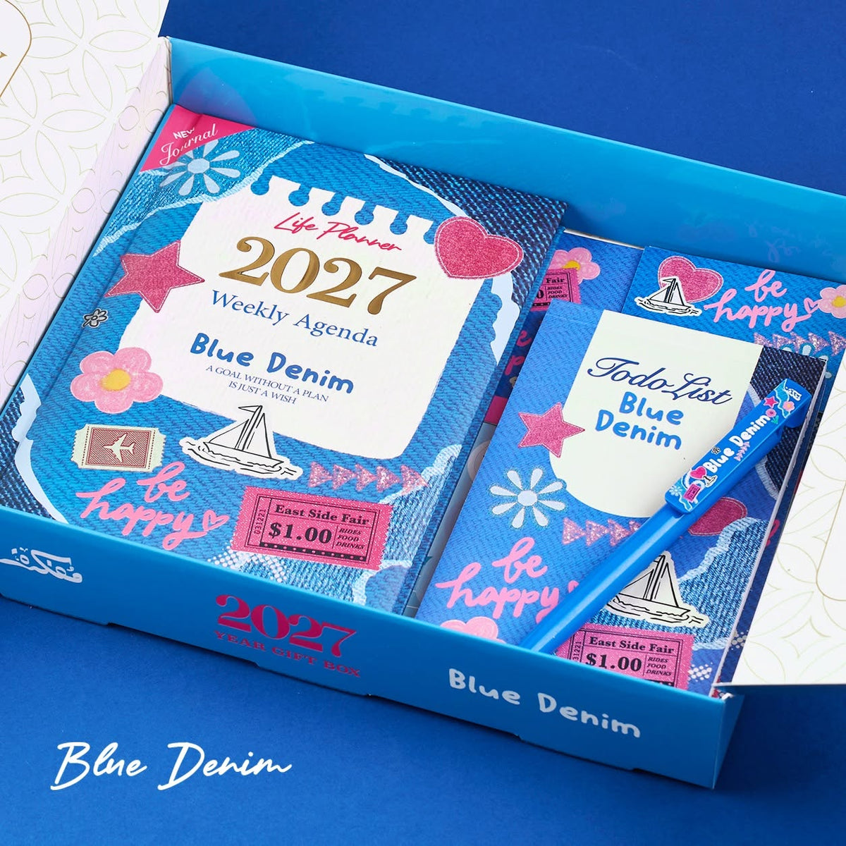 Mofakera Blue Denim 2027 Weekly Gift Box – A5 Weekly Planner & 7-Piece Stationery Gift Set - Jeans (Agenda )