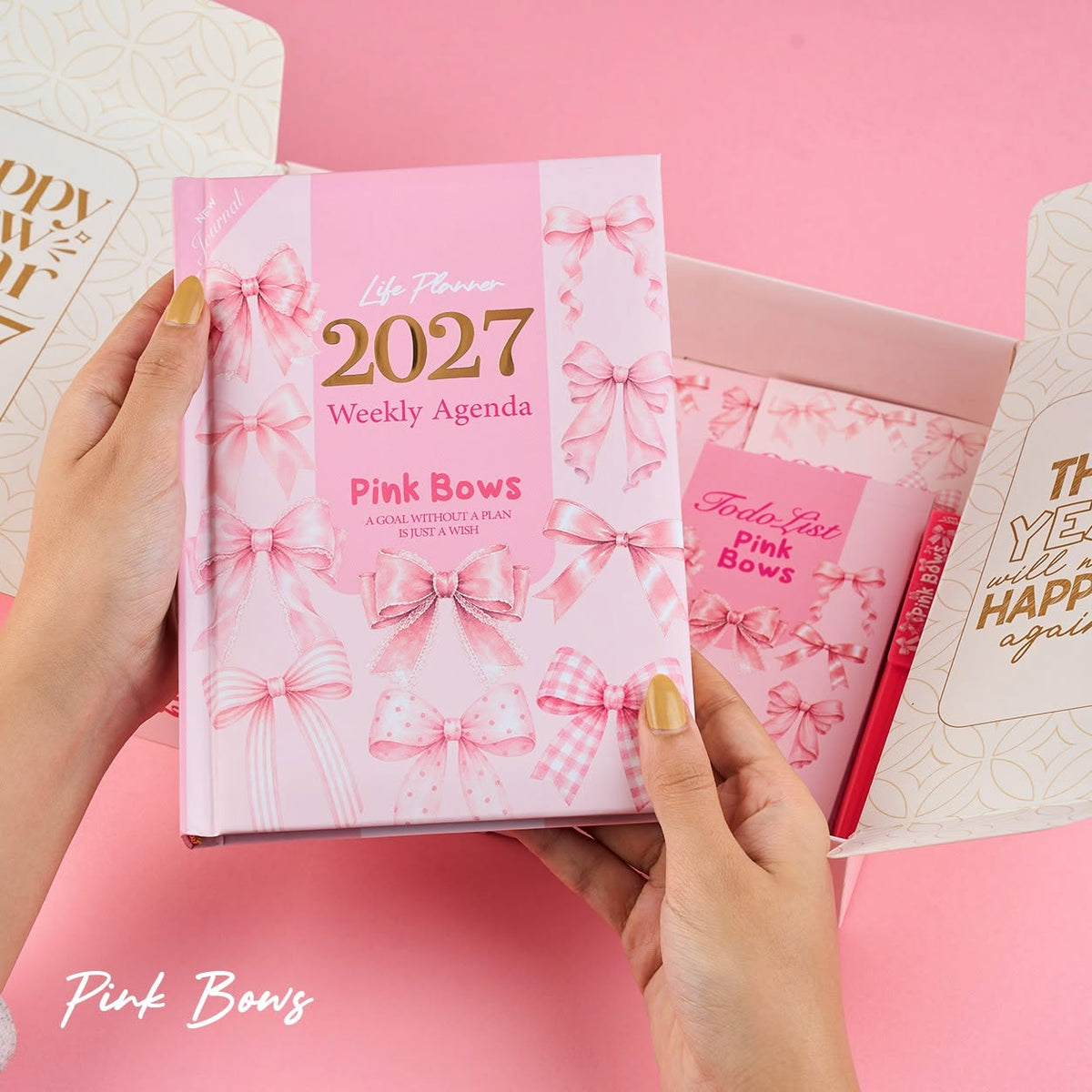 Mofakera Pink Bows Weekly Box 2027 – A5 Weekly Planner & 7-Piece Stationery Gift Set - Pink - ( Agenda )