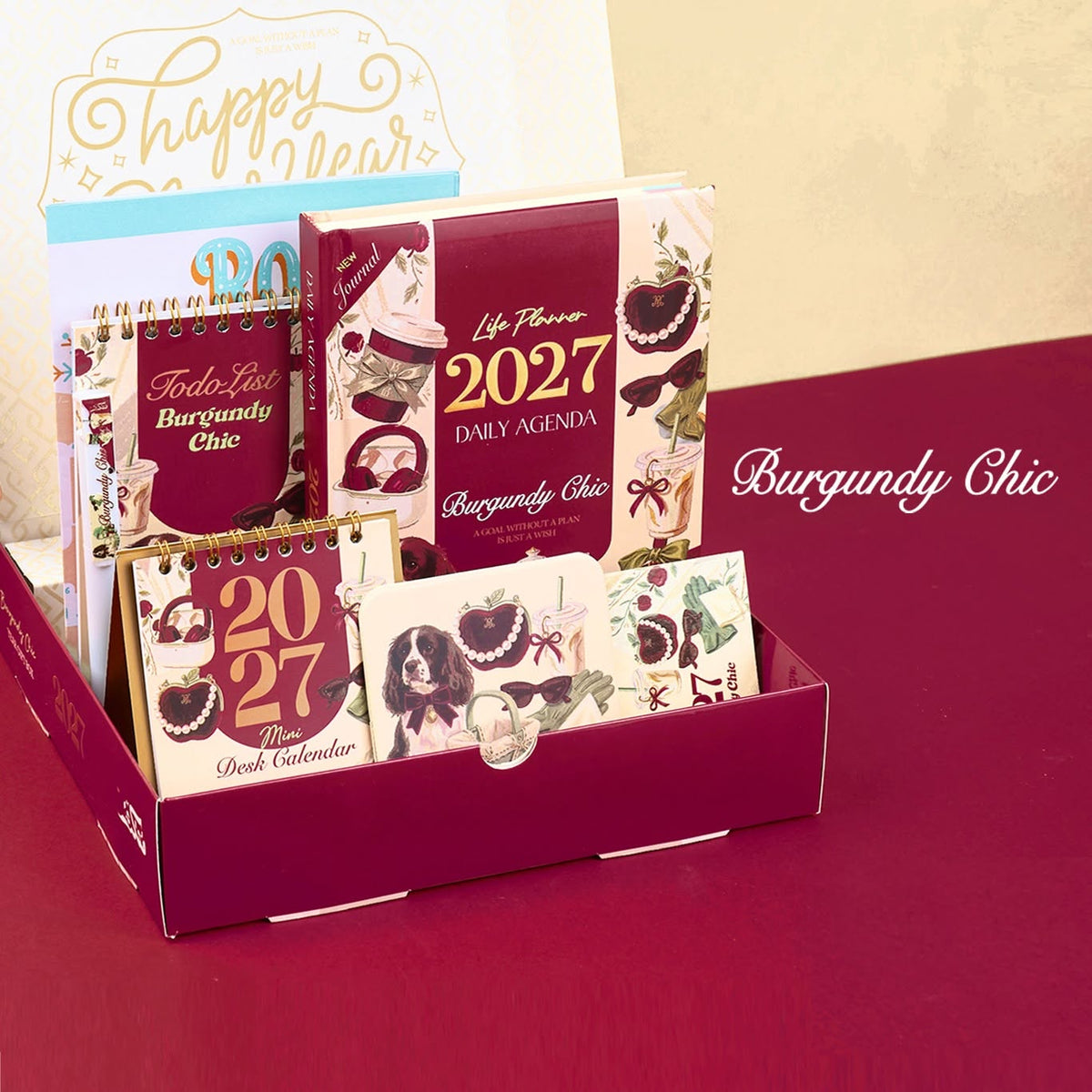 Mofakera Burgundy Chic 2027 Year Gift Box – Luxury A5 Daily Planner & 10-Piece Stationery Gift Set - Dark Red ( Agenda )