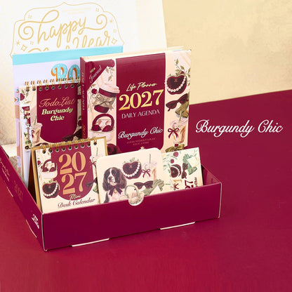 Mofakera Burgundy Chic 2027 Year Gift Box – Luxury A5 Daily Planner & 10-Piece Stationery Gift Set - Dark Red ( Agenda )