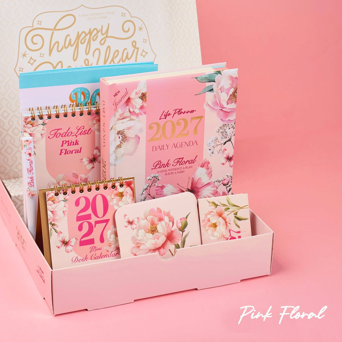 Mofakera Pinky Floral 2027 Year Gift Box – Luxury A5 Daily Planner & 10-Piece Stationery Gift Set - Pink ( Agenda )