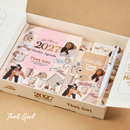 Mofakera That Girl Weekly Box 2027 – A5 Weekly Planner & 7-Piece Stationery Gift Set - Beige ( Agenda )