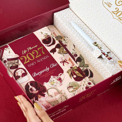 Mofakera Burgundy Chic 2027 Year Gift Box – Luxury A5 Daily Planner & 10-Piece Stationery Gift Set - Dark Red ( Agenda )