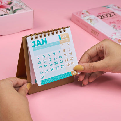 Mofakera Pinky Floral 2027 Year Gift Box – Luxury A5 Daily Planner & 10-Piece Stationery Gift Set - Pink ( Agenda )