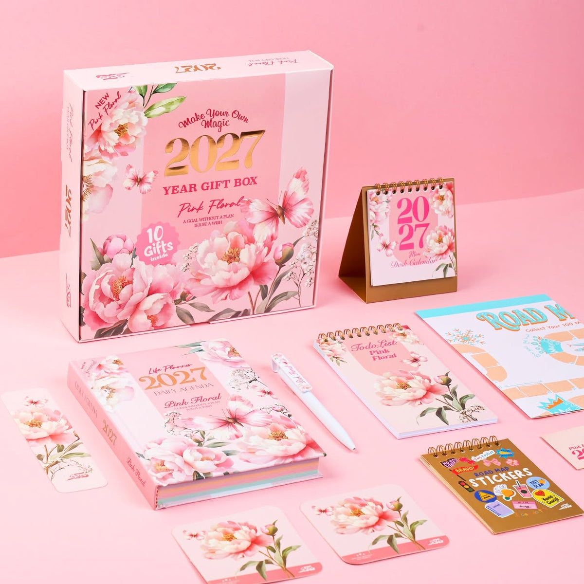 Mofakera Pinky Floral 2027 Year Gift Box – Luxury A5 Daily Planner & 10-Piece Stationery Gift Set - Pink ( Agenda )