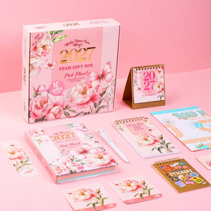 Mofakera Pinky Floral 2027 Year Gift Box – Luxury A5 Daily Planner & 10-Piece Stationery Gift Set - Pink ( Agenda )