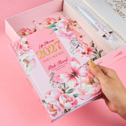 Mofakera Pinky Floral 2027 Year Gift Box – Luxury A5 Daily Planner & 10-Piece Stationery Gift Set - Pink ( Agenda )
