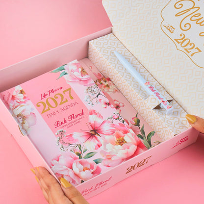 Mofakera Pinky Floral 2027 Year Gift Box – Luxury A5 Daily Planner & 10-Piece Stationery Gift Set - Pink ( Agenda )