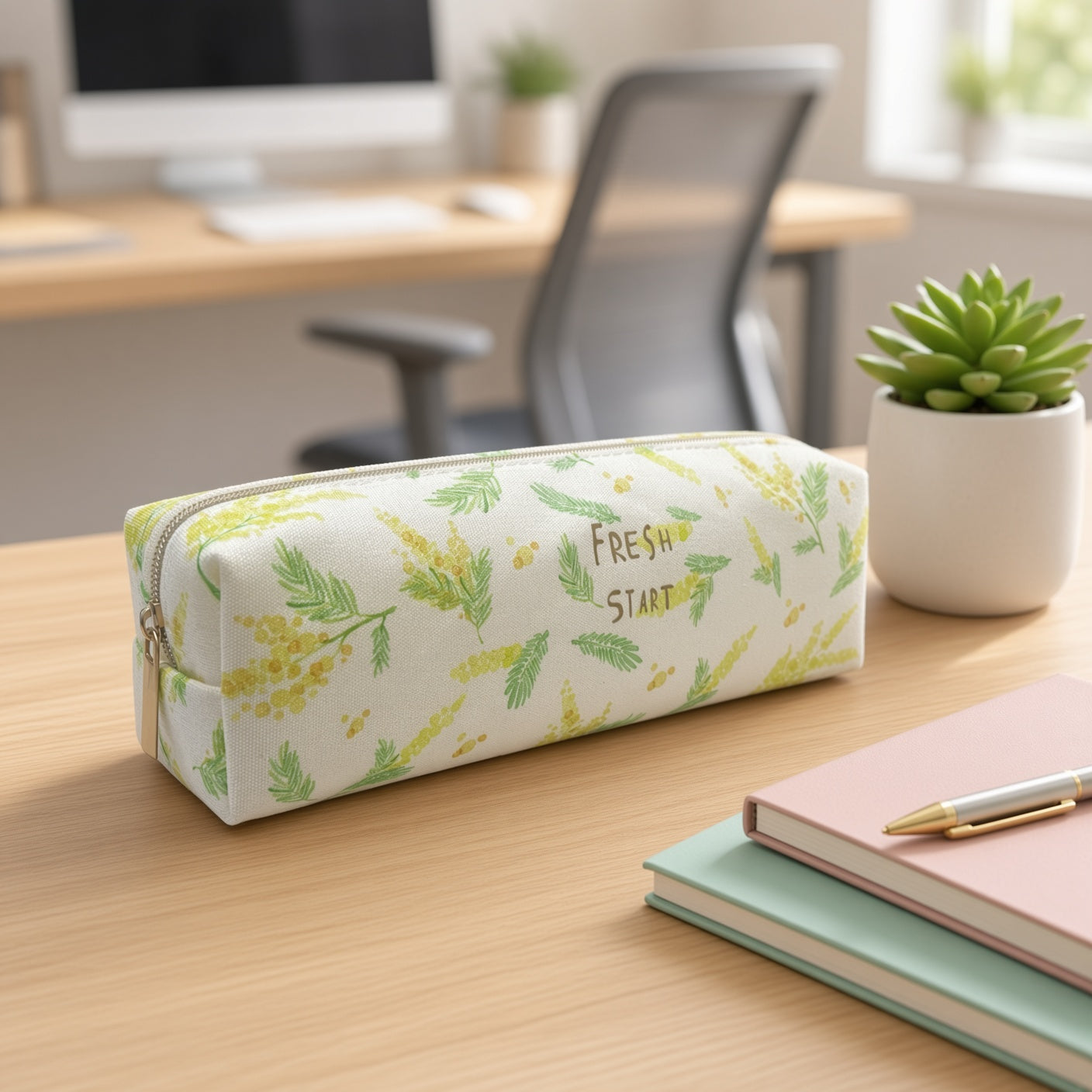 M&G Chenguang Fresh Start Floral Fabric Pencil Case – White & Green – 1pcs - No: APB932HA
