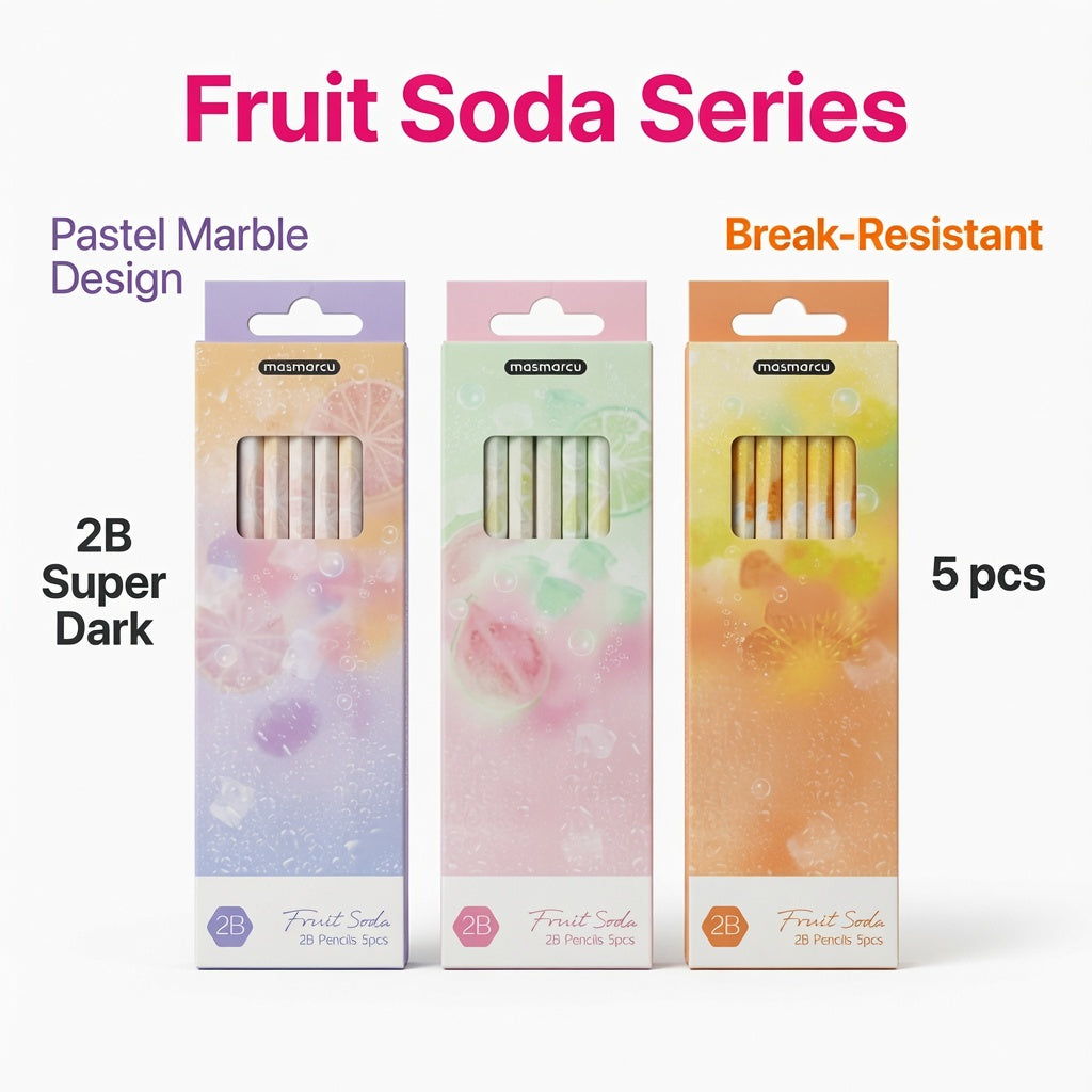 M&G Chenguang Fruit Soda 2B Wooden Pencils – Pastel Marble Design, Smooth Dark Graphite, 5-Pack, School & Drawing  - No: AWP32020