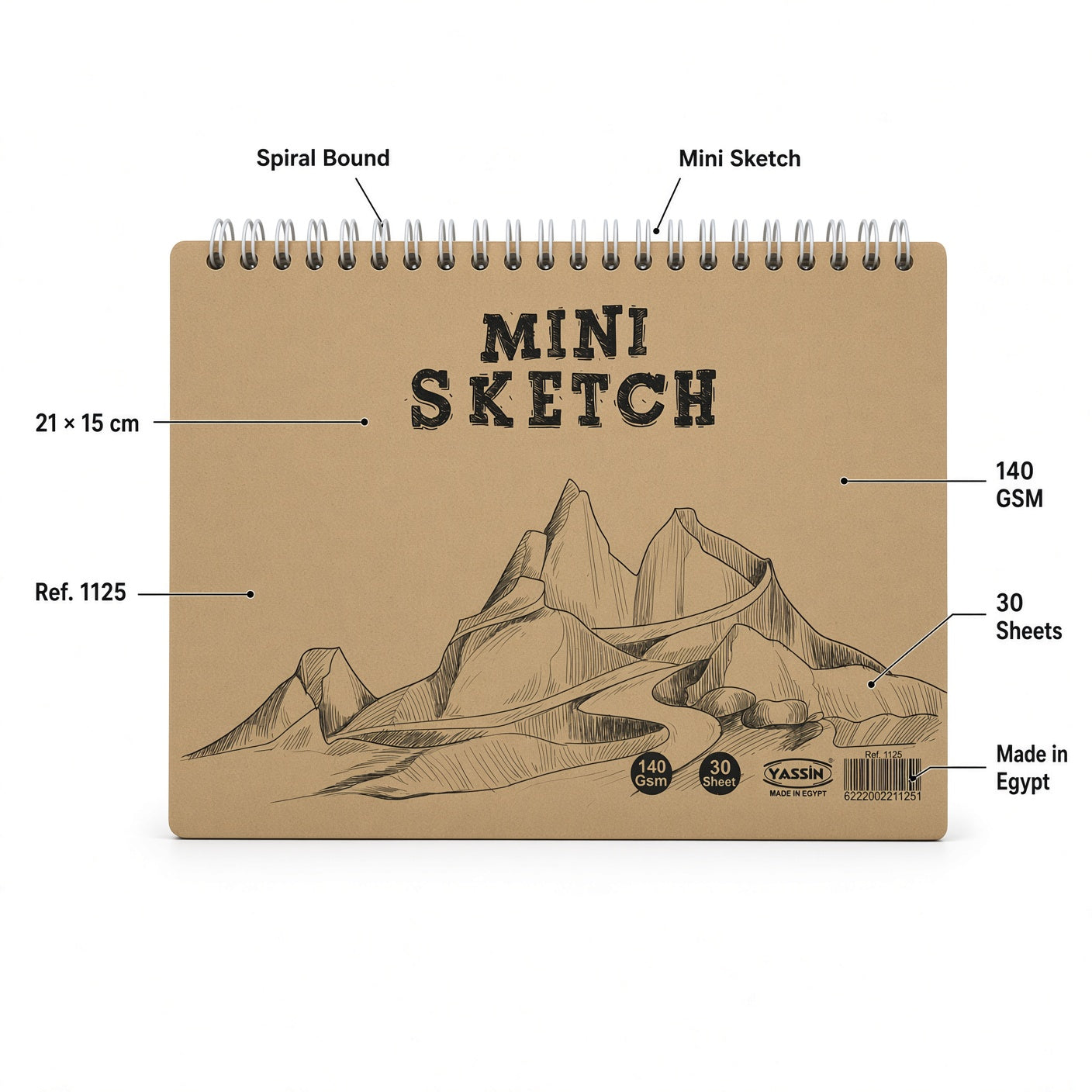 Yassin Mini Spiral Sketch Drawing Notebook White Paper  – 30 Sheets, 140 GSM, 21 × 15 cm - Size : A5 - No:1125