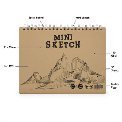 Yassin Mini Spiral Sketch Drawing Notebook White Paper  – 30 Sheets, 140 GSM, 21 × 15 cm - Size : A5 - No:1125