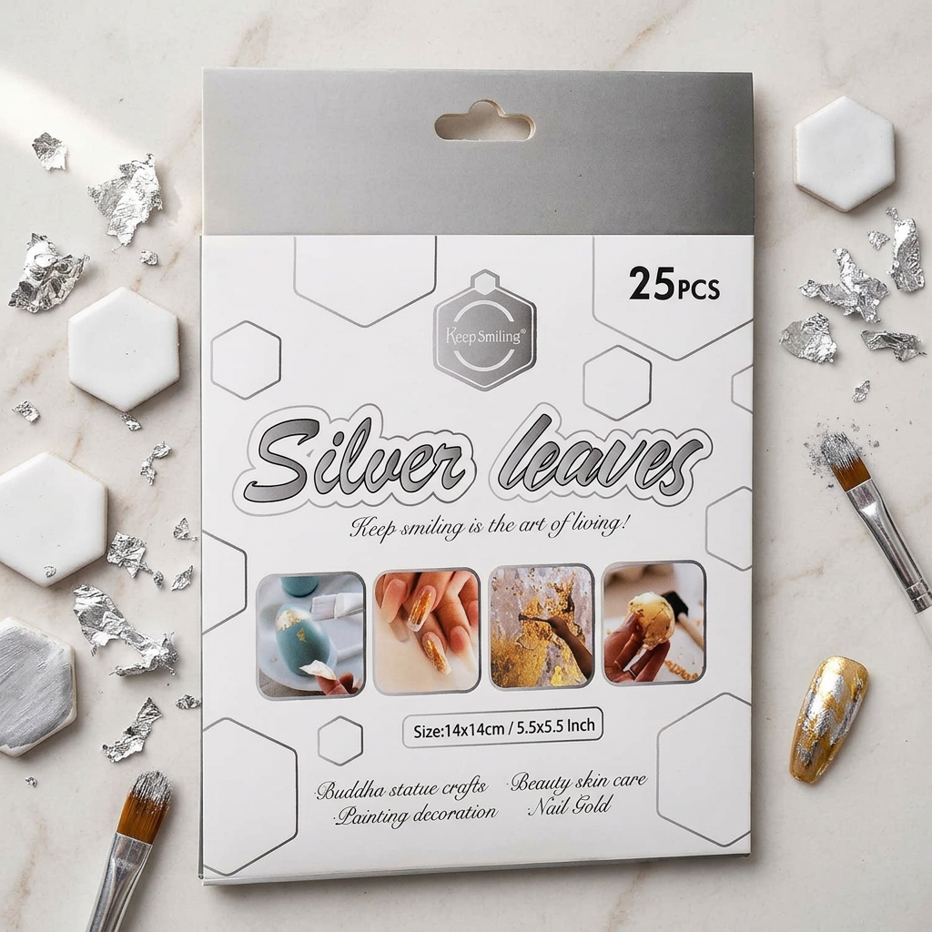 Keep Smiling silver metallic resin flakes sheets flatlay with resin art