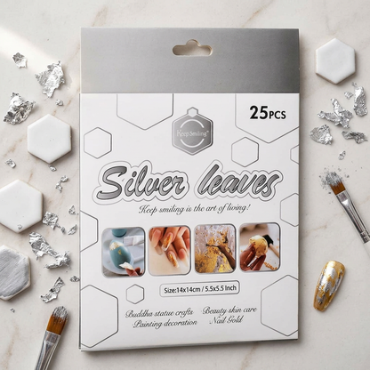 Keep Smiling silver metallic resin flakes sheets flatlay with resin art