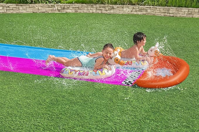 Bestway H2OGO Lawn Double Water Slide with 2 Inflatable Llama Shaped Ride-On Floats - 488 cm - No:52320