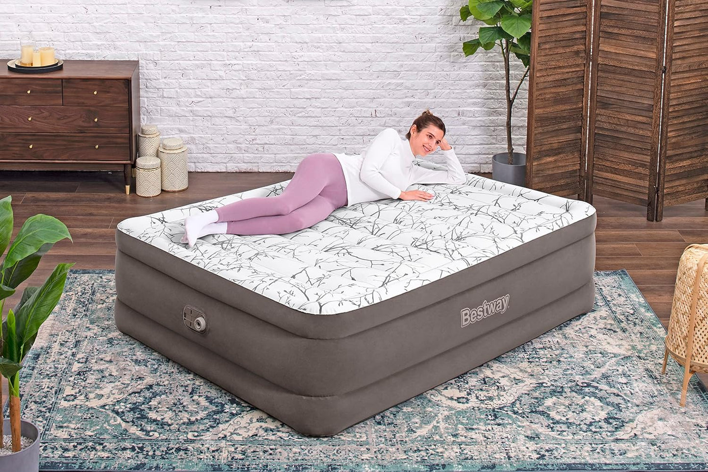 Bestway Tritech Fashion Flock Air Mattress Queen Built-in AC Pump 2.03m x 1.52m x 56cm - No:6713E