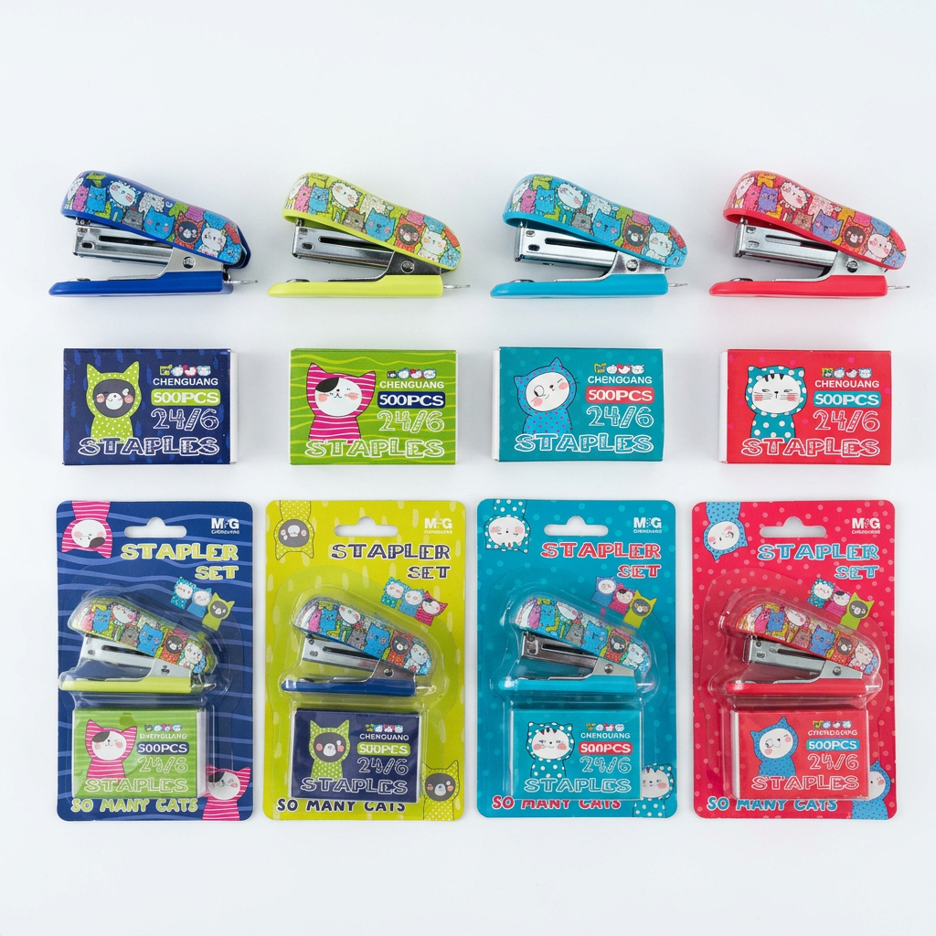 M&G Chenguang So Many Cats mini stapler in use stapling school papers on a colorful study desk