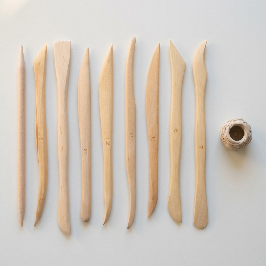 Set of 10 wooden clay carving and modeling tools flatlay