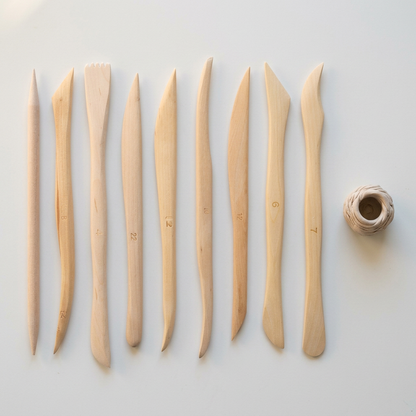 Set of 10 wooden clay carving and modeling tools flatlay