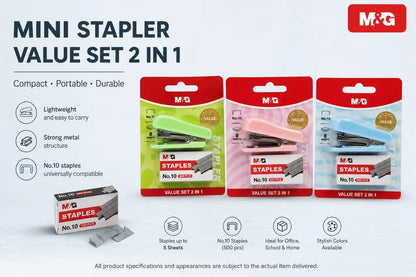 M&G Chenguang Value Set 2-in-1 Stapler with 500 No.10 Staples – Mini Desktop Stapler for School, Office & Home - 1 pcs - No: ABS916NQ