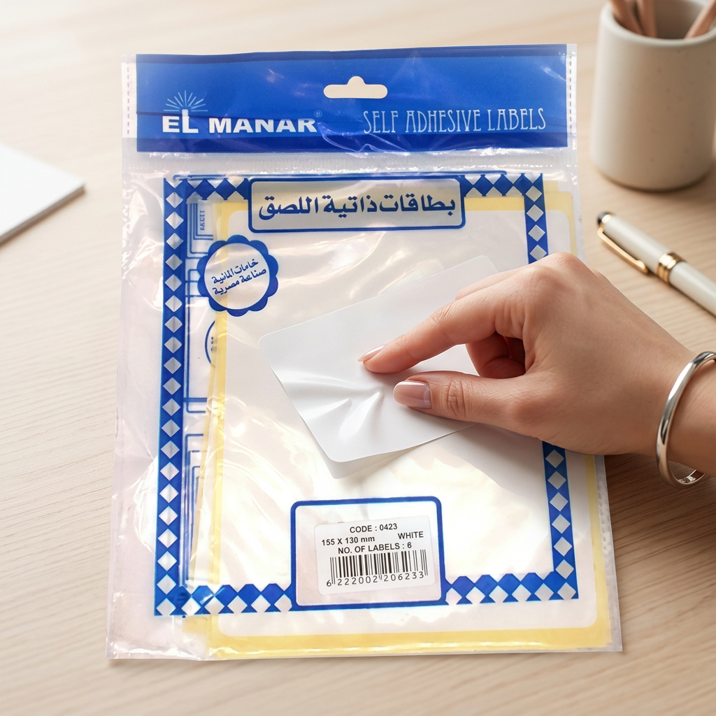 Smoothing a large white blank El Manar label onto a moving box