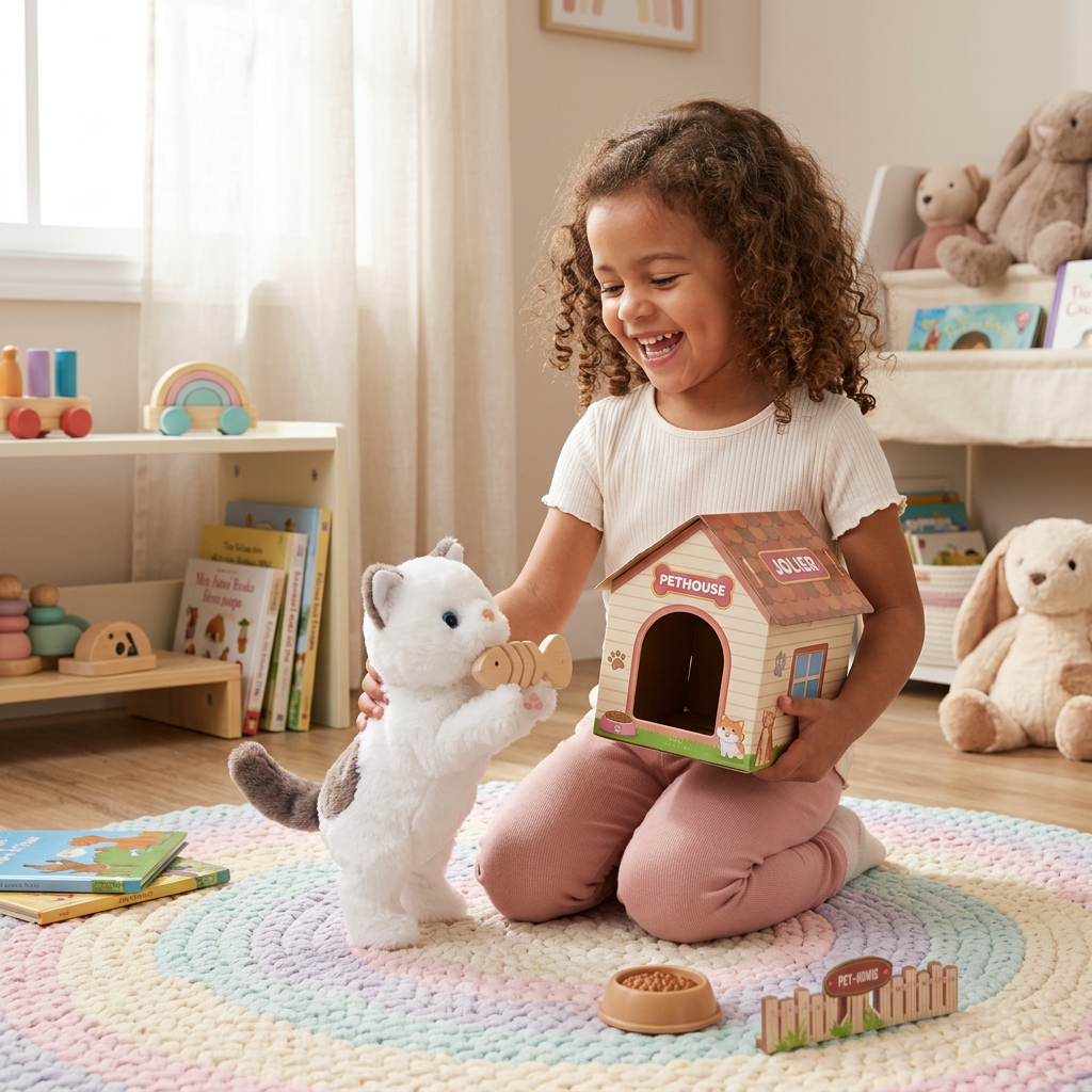 Child playing with the Jolier mini plush pet and its pet house