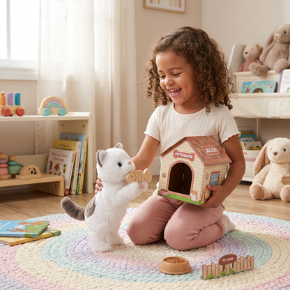 Child playing with the Jolier mini plush pet and its pet house