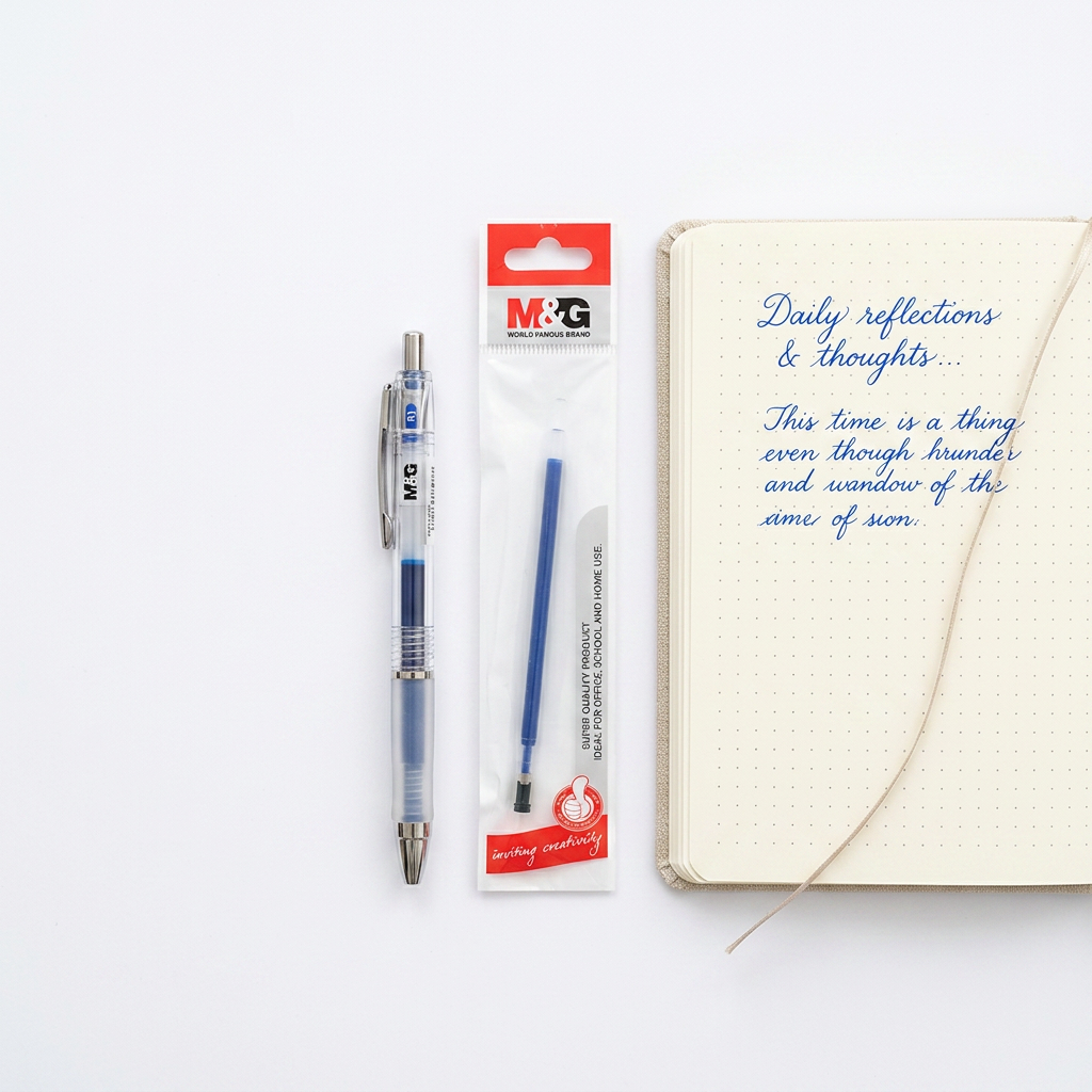 Gel pen refill flatlay beside a matching gel pen and open notebook