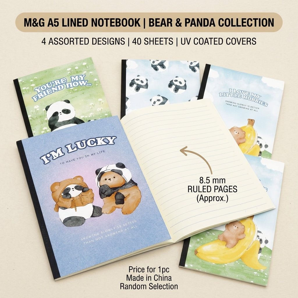 M&G Chenguang A5 Lined Notebook – Bear & Panda Collection, 40 Sheets, 8.5 mm Ruled Pages, 4 Assorted Designs - 1pcs - No: APNBC047