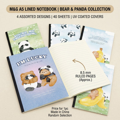 M&G Chenguang A5 Lined Notebook – Bear & Panda Collection, 40 Sheets, 8.5 mm Ruled Pages, 4 Assorted Designs - 1pcs - No: APNBC047