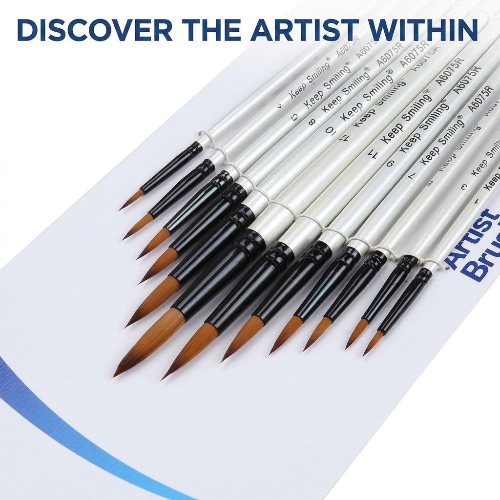 Keep Smiling set of 12 round brushes studio packshot with label