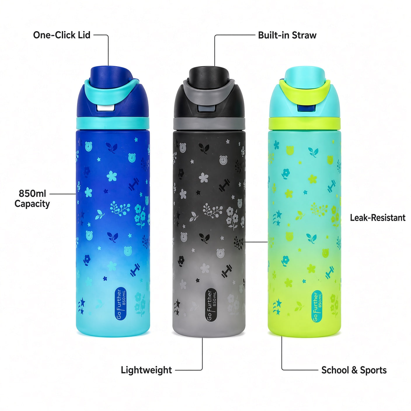Go Further 850ml Water Bottle with Straw – Leak-Resistant Sports & School Bottle, 29.92oz