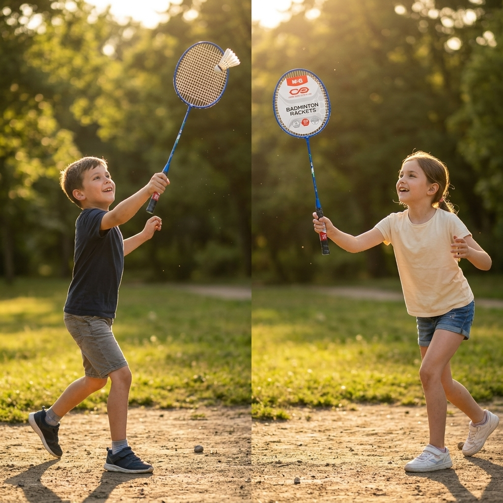 Kids playing badminton with M&G M2 rackets and shuttlecock