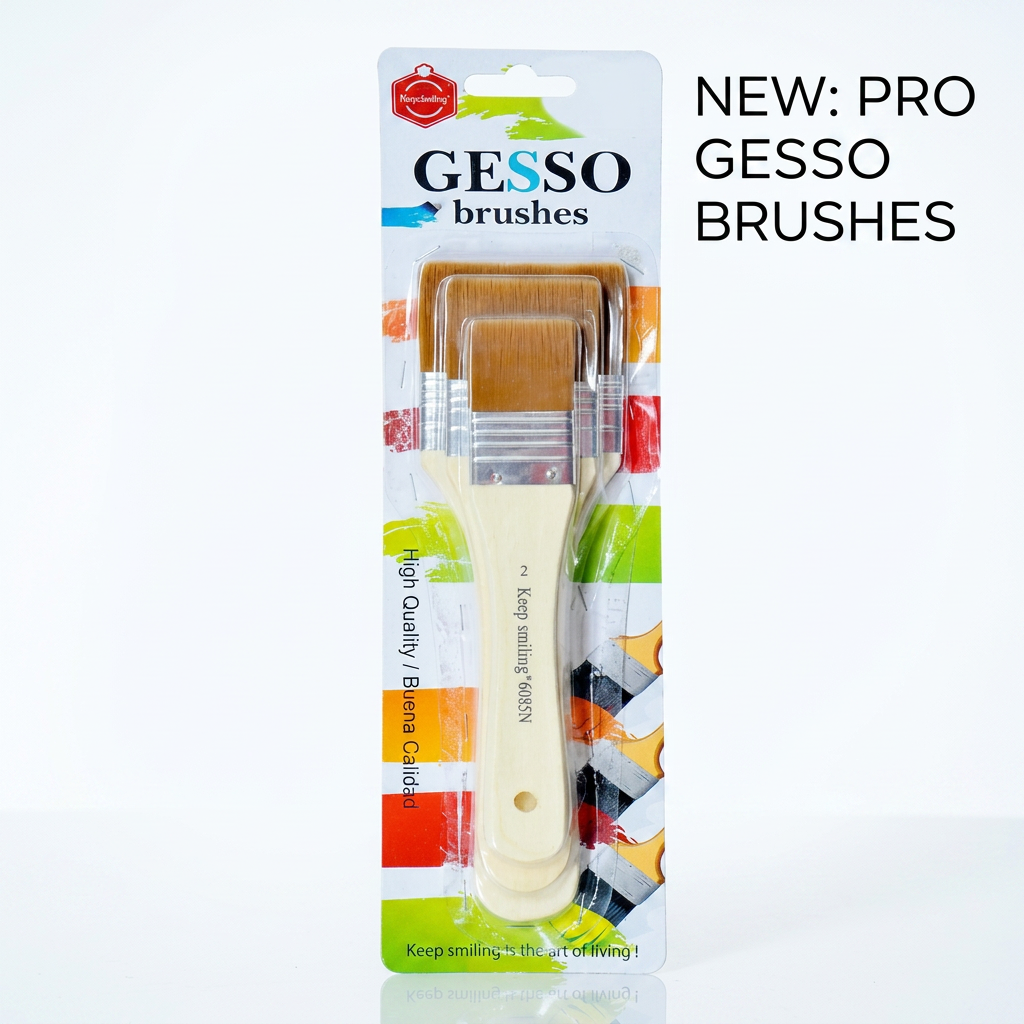 Keep Smiling set of 3 gesso brushes sizes 2 4 6 studio packshot with label