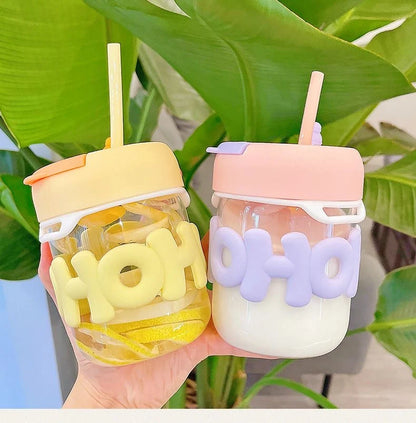 Cute OHOI Kids Water Bottle with Straw Water Cup, Glass Cup, Straw Cup for Women, Cute Portable Heat Resistant Cup – 480ml