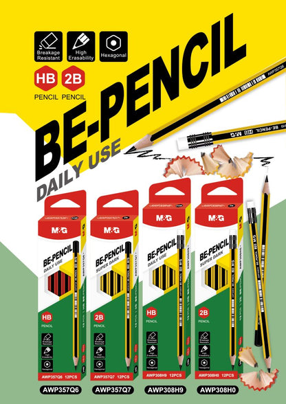 M&G Chenguang BE-PENCIL 2B Wooden Pencils – Exam Grade Hexagonal Graphite Pencils, Break-Resistant, High Erasability, Pack of 12 - No:AWP357Q7