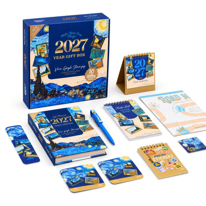 Mofakera Van Gogh Stamps Year Gift Box 2027 – Luxury A5 Daily Planner & 10-Piece Stationery Gift Set - Blue ( Agenda )