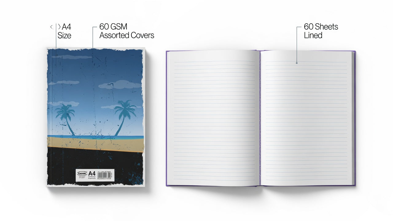 Yassin A4 Stapled Notebook – 60 Sheets, 60 GSM, 4 Lined Writing Book For English , Assorted Cover Designs, Made in Egypt - 1pcs - No: 1330