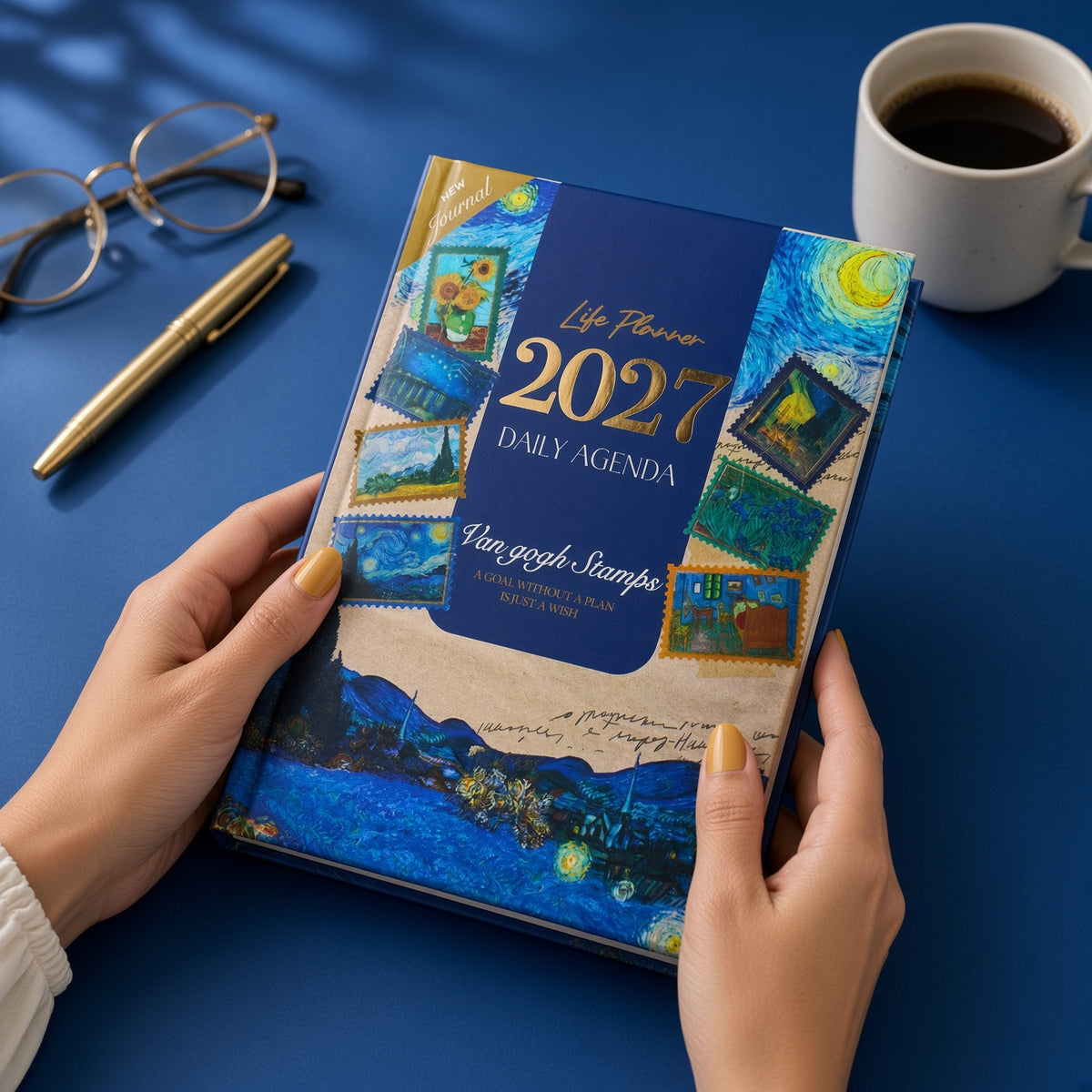 Mofakera Van Gogh Stamps Hardcover Daily Agenda 2027 – Premium Planner with Gift Card & Bookmark - Blue (Agenda)