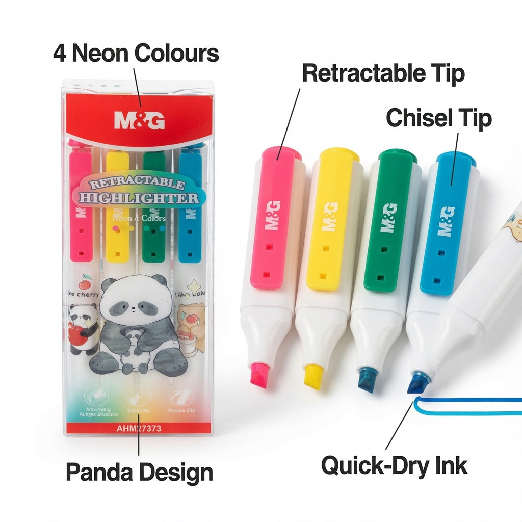 M&G Chenguang Retractable Highlighter Set – 4 Neon Colours, Chisel Tip, Quick-Dry Ink, Panda Design, Retractable Highlighters for School, Office & Study - No: AHM27373