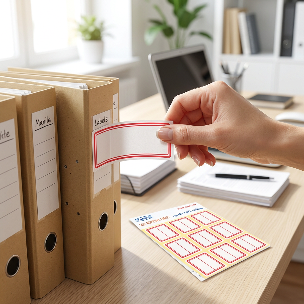 Labeling a file folder with a Yassin white self-adhesive label
