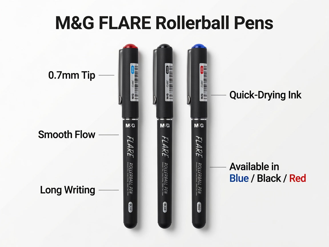 M&G Chenguang FLARE Rollerball Pen 0.7mm – Smooth Writing Gel Ink Pen | Blue, Black & Red - 1pcs - No: ARP50175