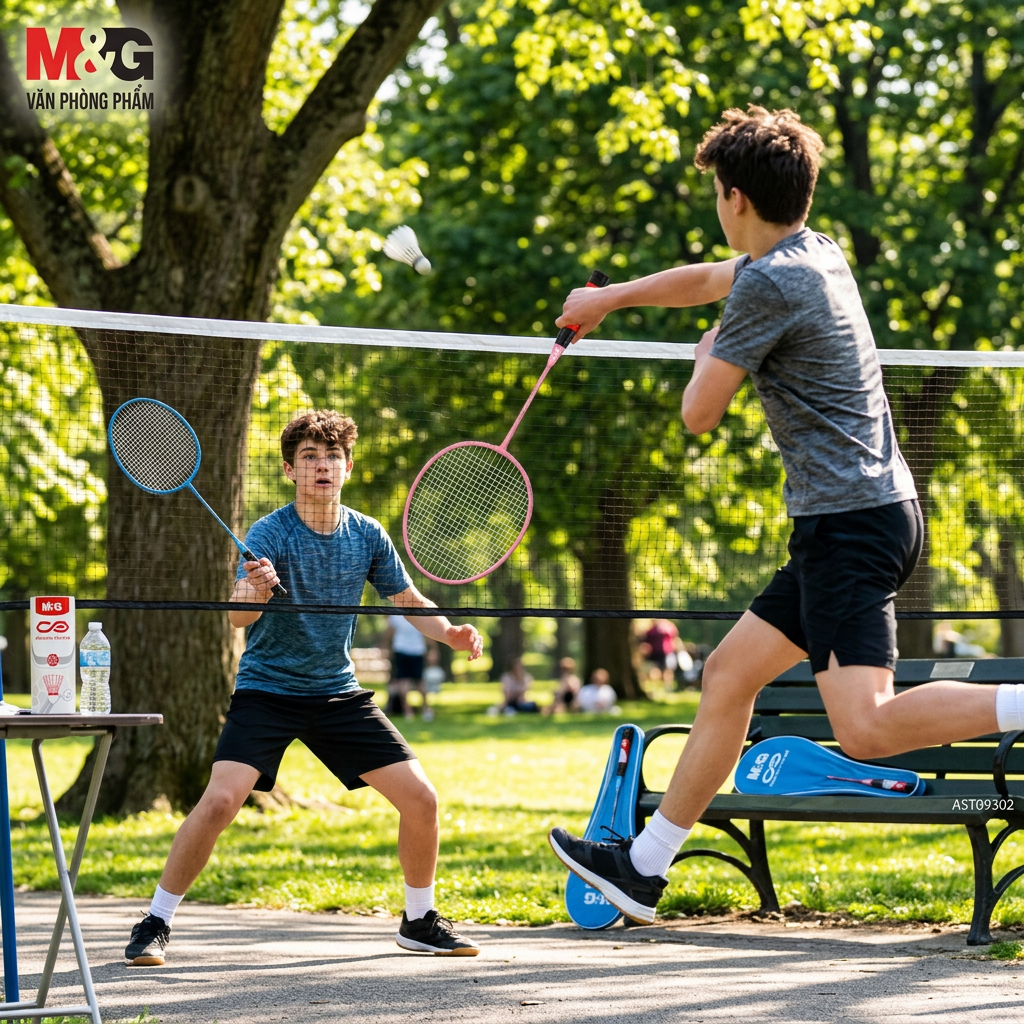 Friends playing badminton with the M&G badminton set and bag