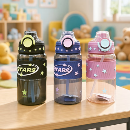 Kids Stars Water Bottle 600ml with Straw & Flip-Top Lid - 1pcs - Assorted Color