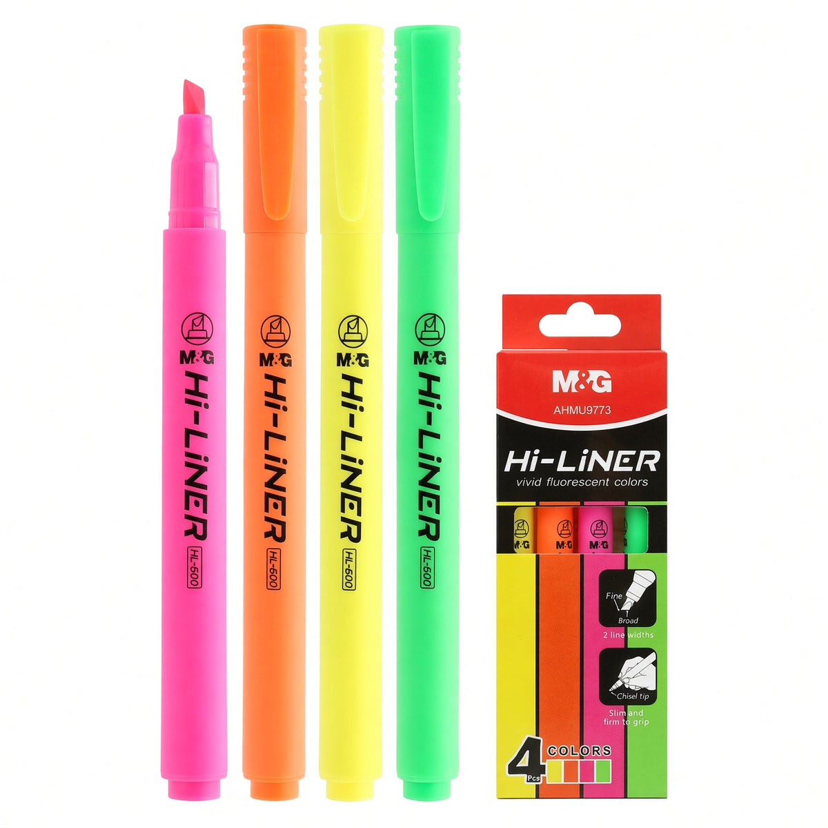 M&G Chenguang Hi-Liner Fluorescent Highlighter Set – 4 Colors, Chisel Tip, Fine & Broad Lines – 1pcs - No: AHMU9773