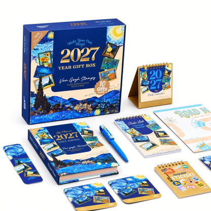 Mofakera Van Gogh Stamps Year Gift Box 2027 – Luxury A5 Daily Planner & 10-Piece Stationery Gift Set - Blue ( Agenda )