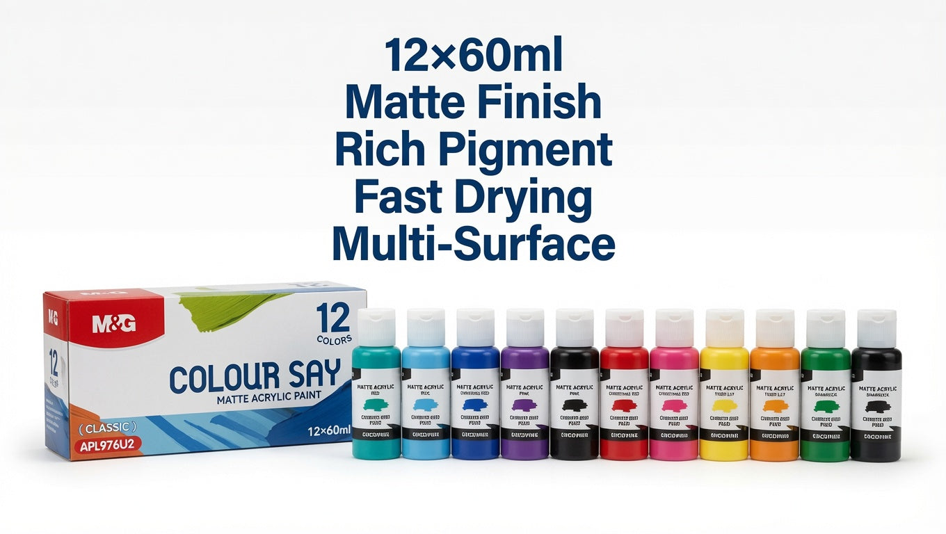 M&G Chenguang Colour Say Matte Acrylic Paint Set – 12 Classic Colors × 60ml | Rich Pigment | Fast Drying | Multi-Surface Acrylic Paint for Canvas, Wood, Paper & Crafts - No: APL976U12