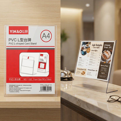 YIHAO A4 PVC L-Shaped Card Stand – Horizontal Clear Sign & Document Holder - Size: 297 × 210 mm - No: Y-202